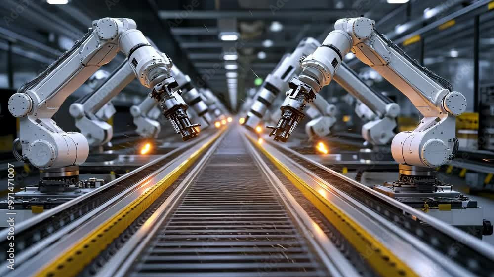 Robotic arms working in a high tech automated factory with precision engineering and advanced technology systems Robotic arms working in a high tech automated factory with precision engineering and advanced technology systems