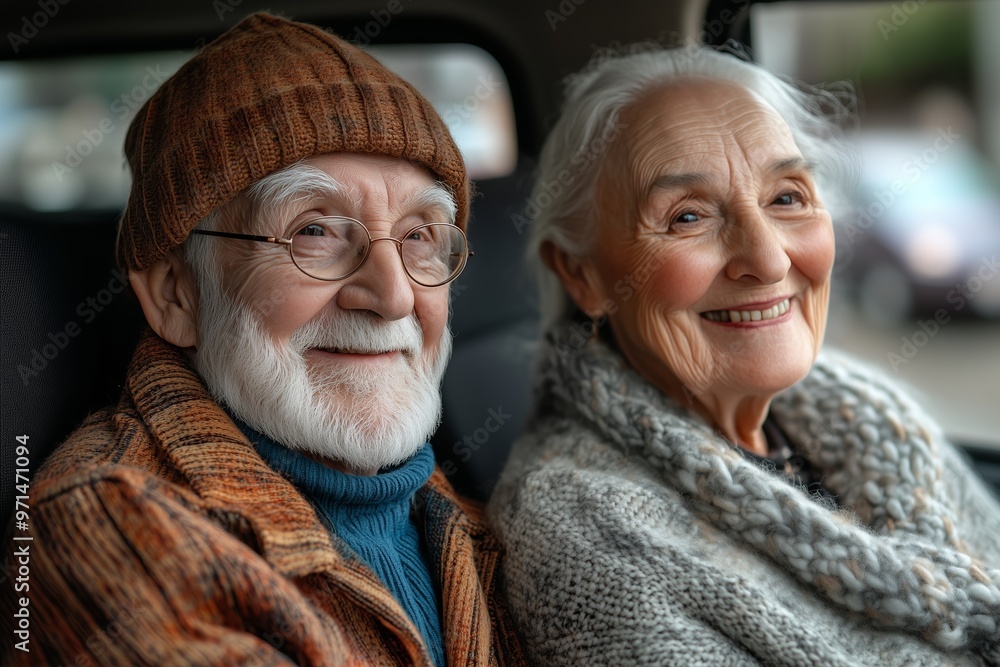 A joyful elderly couple, warmly dressed in cozy winter attire, smiles while sitting together in a car. A joyful elderly couple, warmly dressed in cozy winter attire, smiles while sitting together in a car.