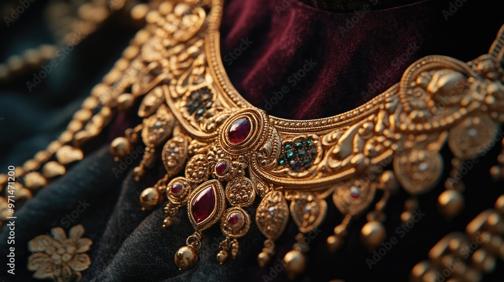 Obraz premium A gold necklace featuring traditional Indian designs, with gemstone embellishments, artfully displayed on a velvet background, evoking luxury and craftsmanship