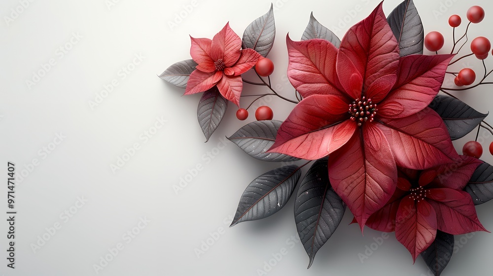 Obraz premium A close-up of a red poinsettia flower with dark green leaves. The flower is in focus and the background is blurred.