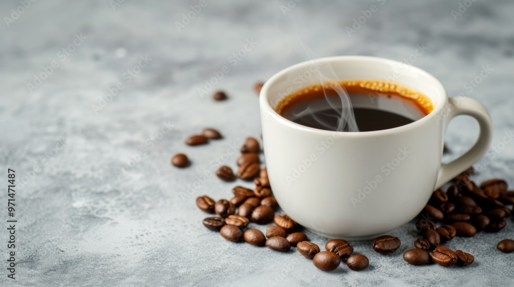 Fototapeta premium Steaming Cup of Coffee with Roasted Beans