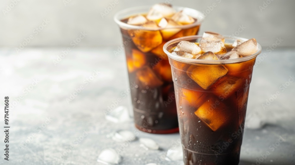 Iced Coffee with Ice Cubes in Plastic Cups Iced Coffee with Ice Cubes in Plastic Cups