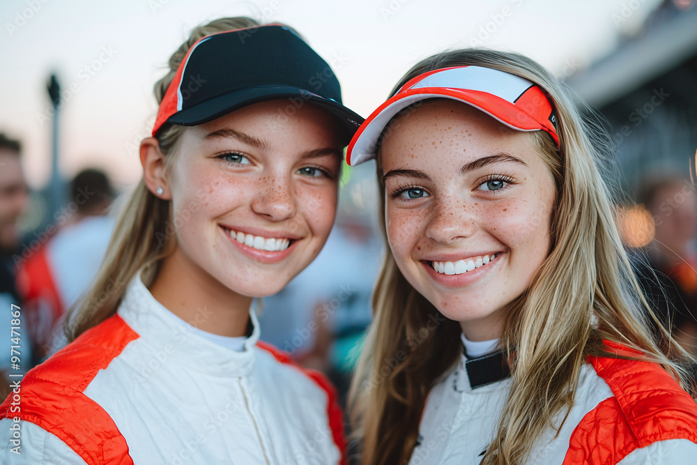two young female promoters in stylish Formula One attire, engaging with the crowd at a racing event two young female promoters in stylish Formula One attire, engaging with the crowd at a racing event