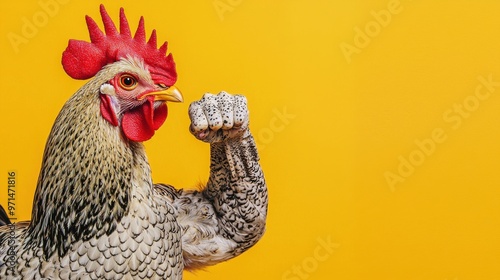 Strong Rooster Flexing Muscles on Yellow Background photo