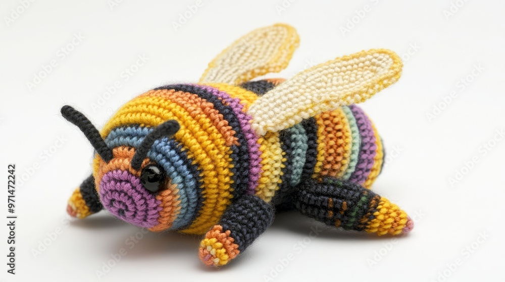 A handmade knitted bee, part of a larger amigurumi insect toy set, displayed on a neutral background, showcasing the intricate stitching and vibrant colors. A handmade knitted bee, part of a larger amigurumi insect toy set, displayed on a neutral background, showcasing the intricate stitching and vibrant colors.
