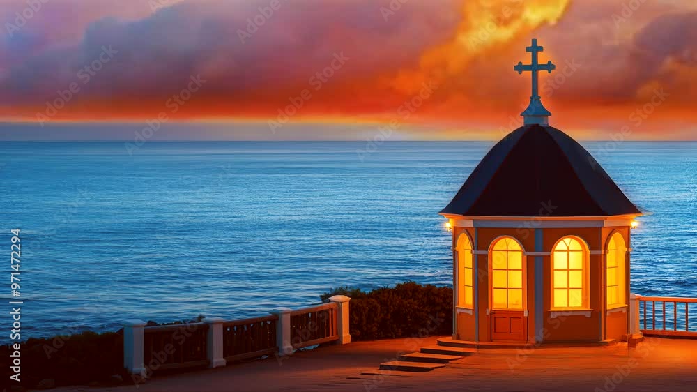 A serene coastal chapel bathes in golden light as day turns to night, with illuminated windows beckoning like a beacon against the twilight sea, creating a scene of breathtaking beauty and spiritual t A serene coastal chapel bathes in golden light as day turns to night, with illuminated windows beckoning like a beacon against the twilight sea, creating a scene of breathtaking beauty and spiritual t