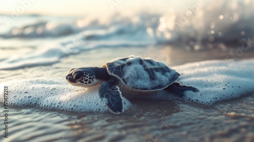 Baby turtle emerges from ocean photo