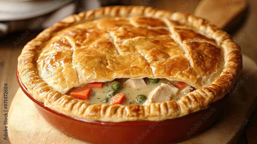 A hearty chicken pot pie, filled with diced chicken, mixed vegetables, and a creamy sauce, enclosed in a golden, flaky crust. A perfect home-cooked comfort meal A hearty chicken pot pie, filled with diced chicken, mixed vegetables, and a creamy sauce, enclosed in a golden, flaky crust. A perfect home-cooked comfort meal