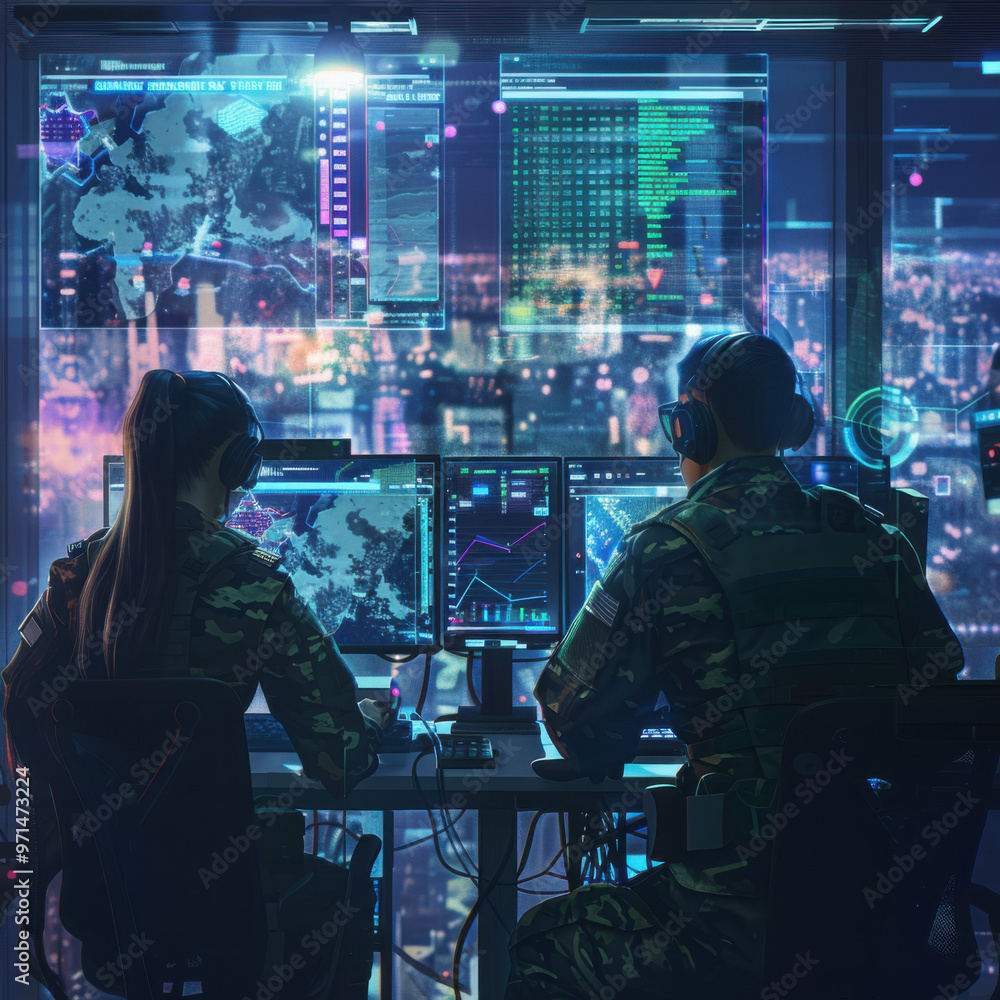 Female and Male Military Officers Working at System Control Center. Female and Male Military Officers Working at System Control Center.