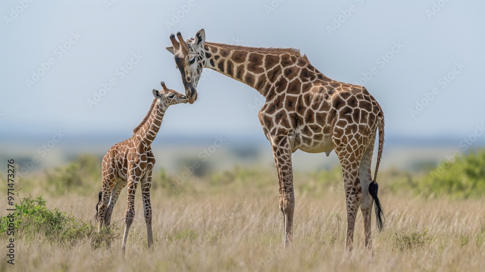 Giraffe mother and baby in natural habitat, Africa wildlife, savannah scene, family bond Giraffe mother and baby in natural habitat, Africa wildlife, savannah scene, family bond