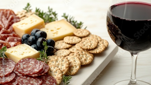 Enjoying a beautifully arranged platter of cheeses, meats, and crackers with wine