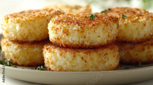 Crispy potato cakes arranged beautifully, garnished with fresh herbs, ready to enjoy