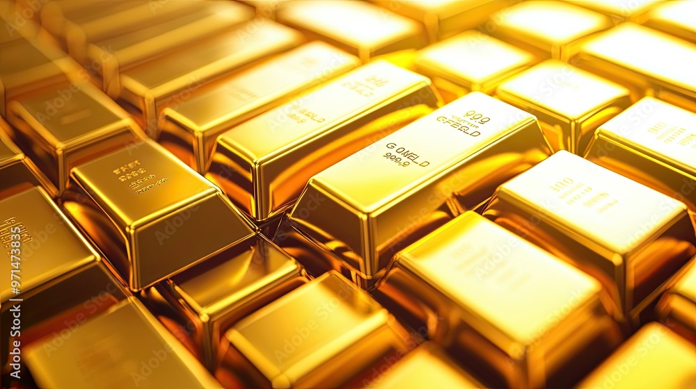 A large pile of neatly stacked gold bars, shining bright under the light. The bars are marked with weight and purity, creating a luxurious and valuable visual statement A large pile of neatly stacked gold bars, shining bright under the light. The bars are marked with weight and purity, creating a luxurious and valuable visual statement