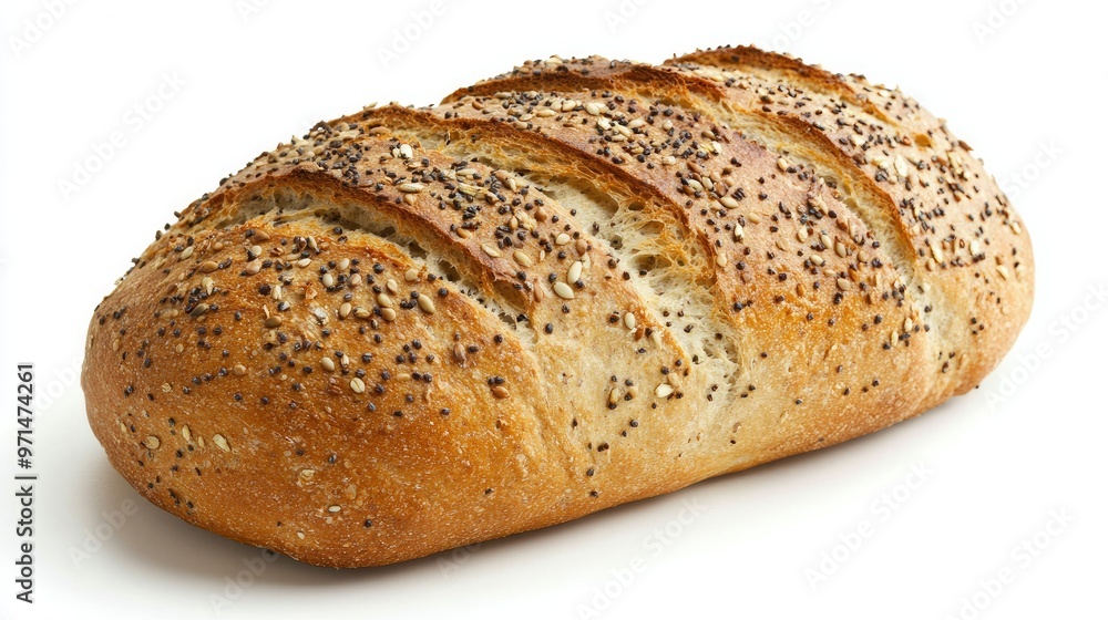 A loaf of freshly baked multigrain bread, showcasing its texture and seeds, isolated on a clean white background A loaf of freshly baked multigrain bread, showcasing its texture and seeds, isolated on a clean white background