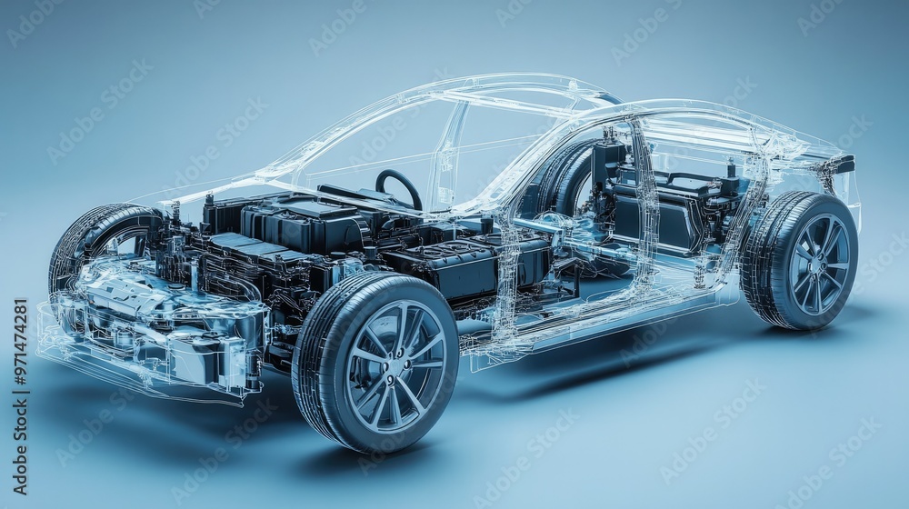 A line art 3D illustration of a modern electric car chassis with an x-ray view of the vehicle battery, showcased in a studio environment A line art 3D illustration of a modern electric car chassis with an x-ray view of the vehicle battery, showcased in a studio environment