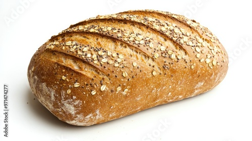 A loaf of freshly baked multigrain bread, showcasing its texture and seeds, isolated on a clean white background