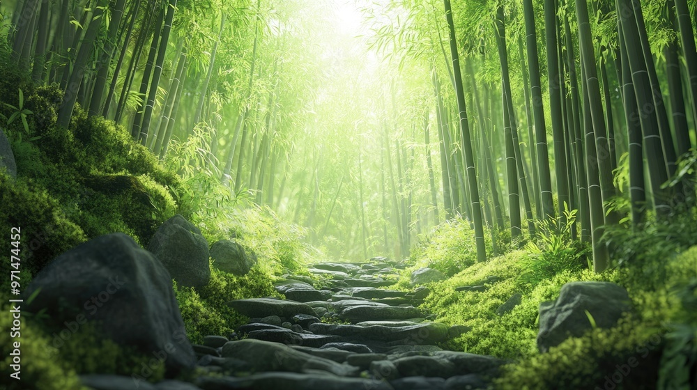 Obraz premium A lush bamboo forest with green bamboo stalks stretching skyward, while the ground and stones are covered in a soft layer of moss. The scene is peaceful and full of life