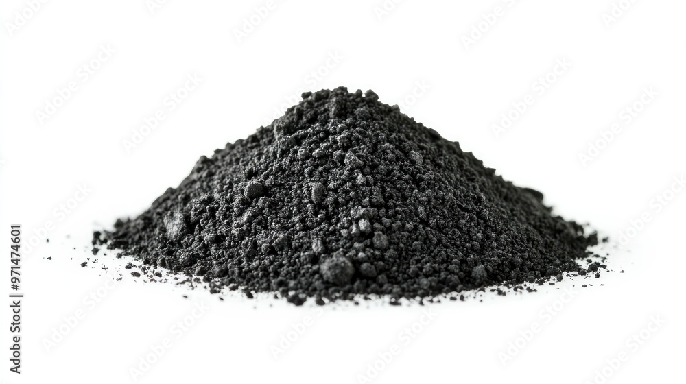 A neat heap of charcoal powder isolated on a bright white background, perfect for ingredient and product-focused imagery A neat heap of charcoal powder isolated on a bright white background, perfect for ingredient and product-focused imagery