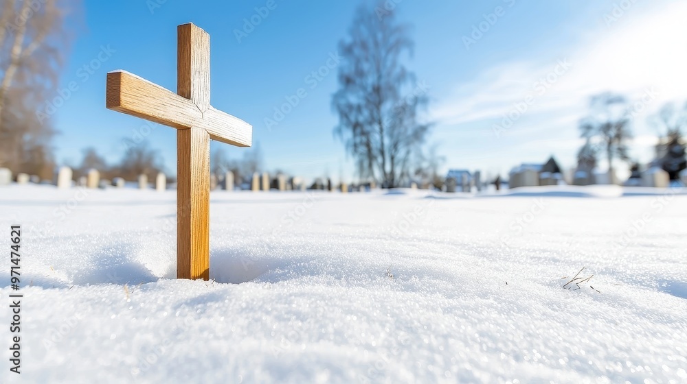 Ethereal Silence: Snow-Covered Graveyard with Untouched Tombstone Elicits Remembrance and Mourning in the Stillness Ethereal Silence: Snow-Covered Graveyard with Untouched Tombstone Elicits Remembrance and Mourning in the Stillness
