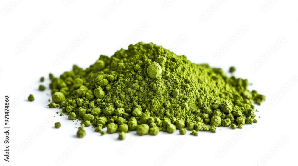 A neat pile of fine matcha powder on a plain white background, emphasizing its bold green hue and smooth texture A neat pile of fine matcha powder on a plain white background, emphasizing its bold green hue and smooth texture