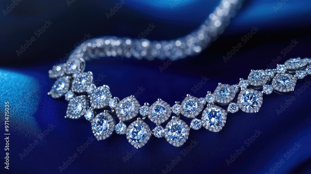 A luxurious diamond necklace displayed against a rich blue background in a high-angle shot, highlighting the intricate details and sparkle of each stone A luxurious diamond necklace displayed against a rich blue background in a high-angle shot, highlighting the intricate details and sparkle of each stone