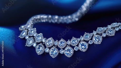 A luxurious diamond necklace displayed against a rich blue background in a high-angle shot, highlighting the intricate details and sparkle of each stone