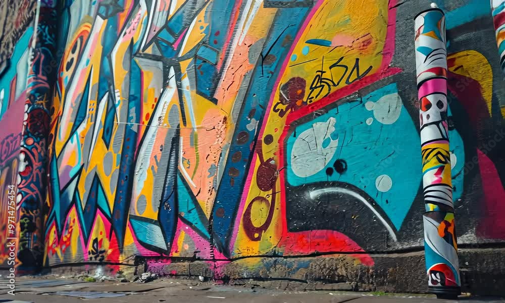 Colorful street art graffiti on urban wall with spray paint cans Colorful street art graffiti on urban wall with spray paint cans