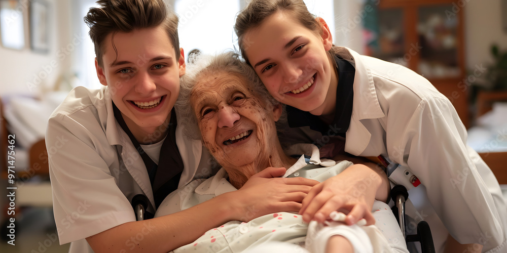 Two young male and female nurses caring for the elderly with affection