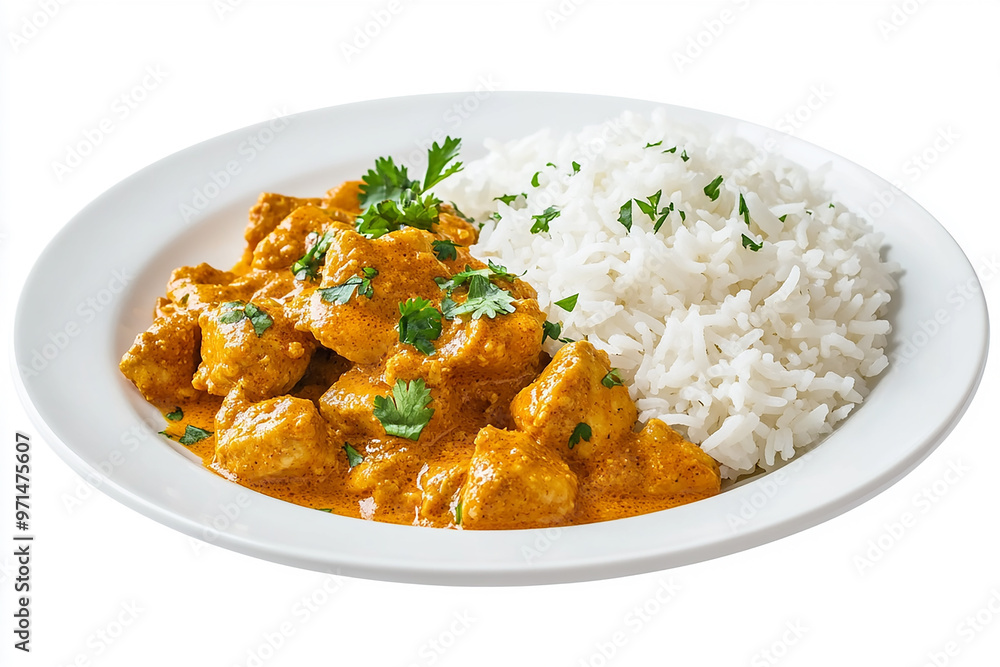 Chicken curry with rice on a white plate Chicken curry with rice on a white plate