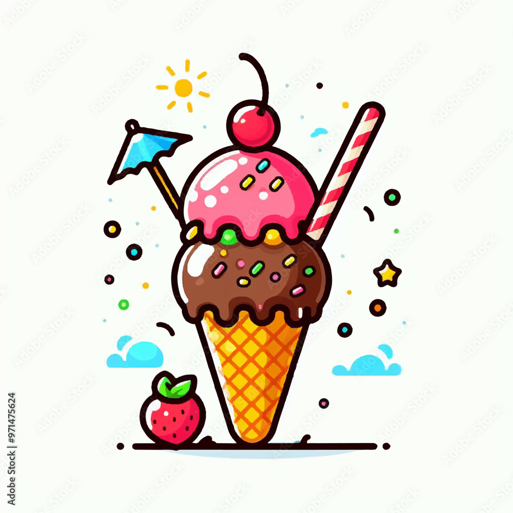 delicious ice cream with cherry summer hand drawn illustration delicious ice cream with cherry summer hand drawn illustration