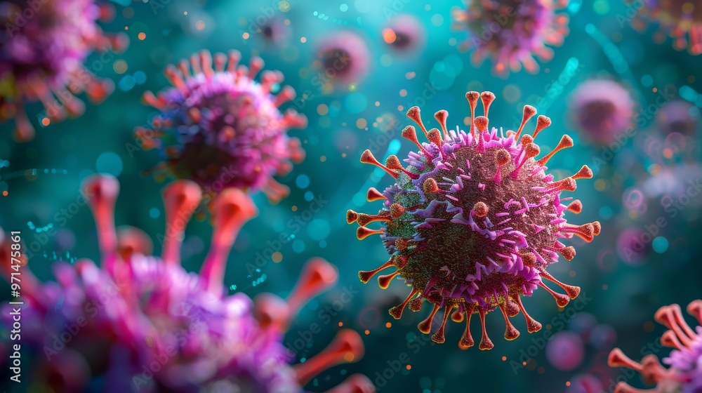 3D visualization of coronavirus particles in a biological environment, showing detailed virus structure 3D visualization of coronavirus particles in a biological environment, showing detailed virus structure