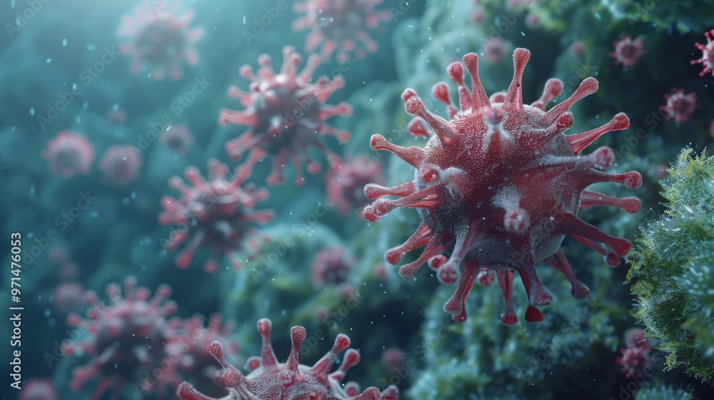 Fototapeta premium 3D visualization of coronavirus particles in a biological environment, showing detailed virus structure