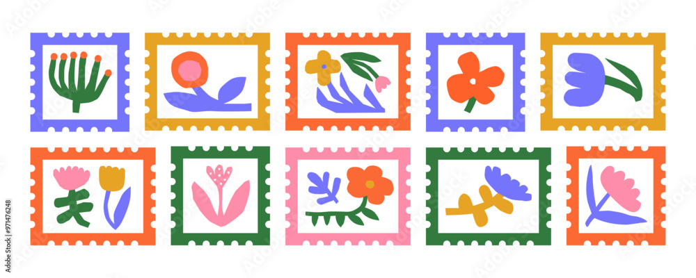 © Dedraw Studio - Colorful floral post card stamp sticker set. Vintage style flower cartoon illustration collection. Old mail postage element bundle, spring season nature postmark label with flowers. © Dedraw Studio - Colorful floral post card stamp sticker set. Vintage style flower cartoon illustration collection. Old mail postage element bundle, spring season nature postmark label with flowers.