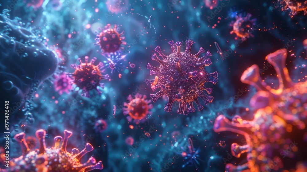 Fototapeta premium 3D visualization of coronavirus particles in a biological environment, showing detailed virus structure