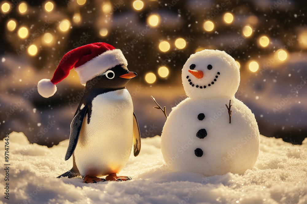 Penguin wearing a santa hat standing next to a snowman on a snowy christmas eve with golden bokeh lights in the background Penguin wearing a santa hat standing next to a snowman on a snowy christmas eve with golden bokeh lights in the background