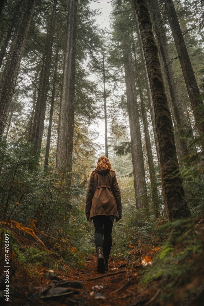 Woman walks through foggy forest Woman walks through foggy forest