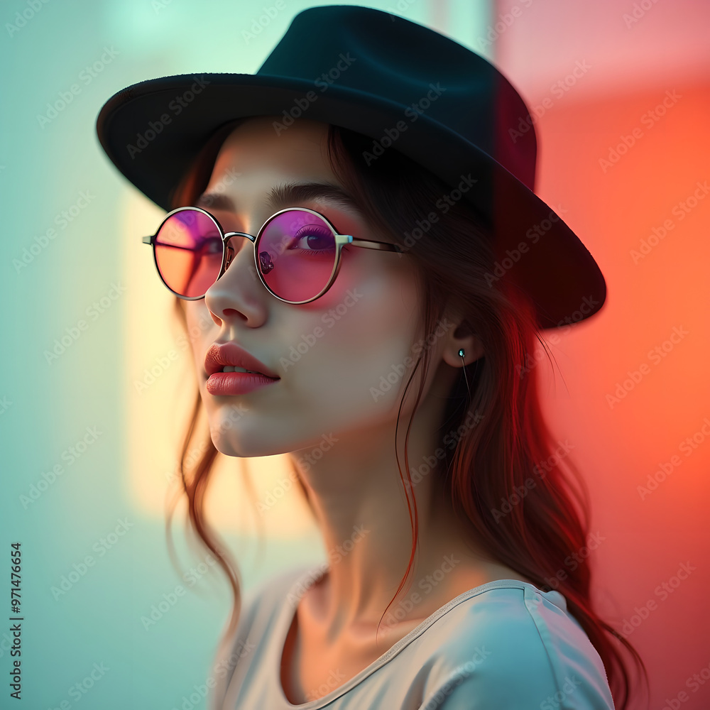 woman with t-shirt, glasses and hat woman with t-shirt, glasses and hat