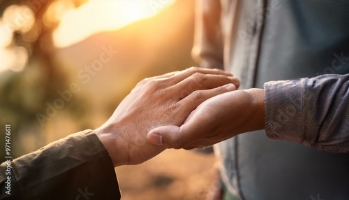 Two hands reaching out towards each other in a warm sunset, symbolizing connection, support, and humanity in a serene landscape.