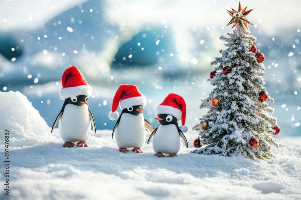 Three penguins wearing santa hats celebrating christmas next to a decorated christmas tree in a snowy landscape Three penguins wearing santa hats celebrating christmas next to a decorated christmas tree in a snowy landscape