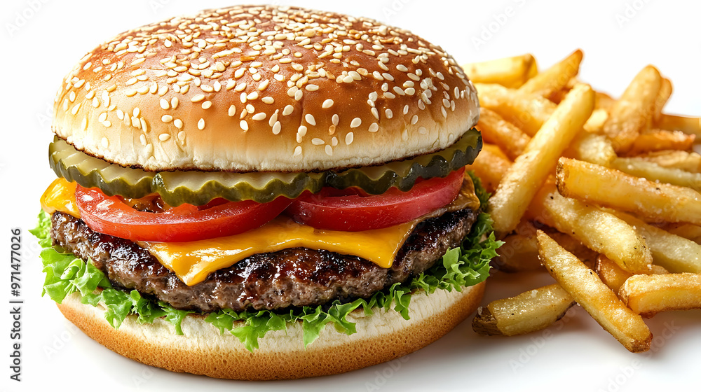 A delicious cheeseburger with lettuce, tomatoes, pickles, and fries on the side. A delicious cheeseburger with lettuce, tomatoes, pickles, and fries on the side.