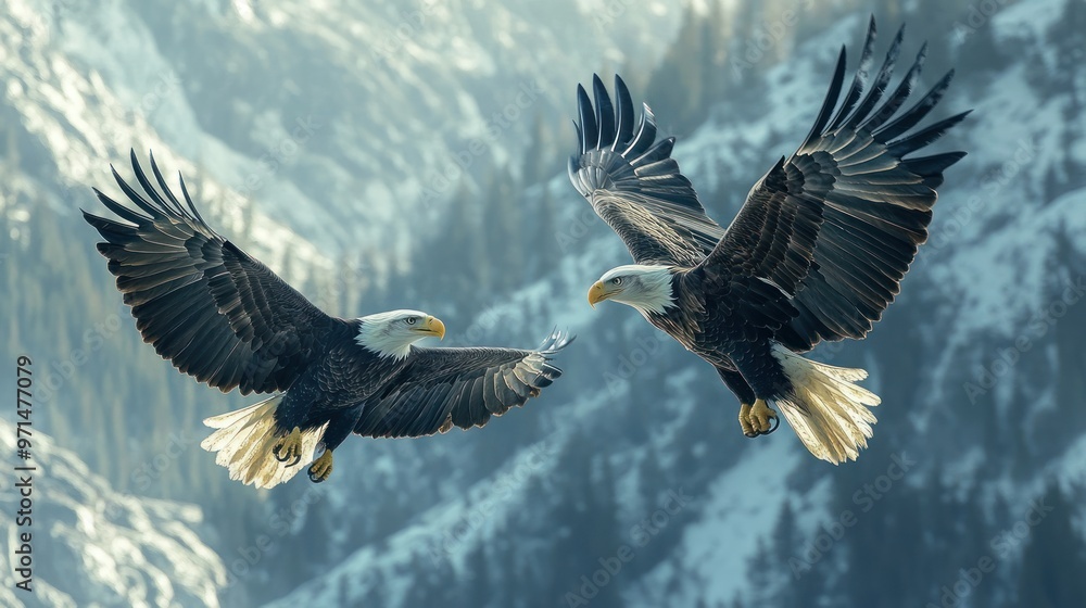 Obraz premium Two Bald Eagles Soaring in the Mountains