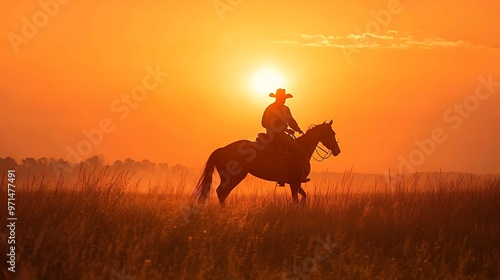 Silhouette of a cowboy riding a horse at sunset. photo