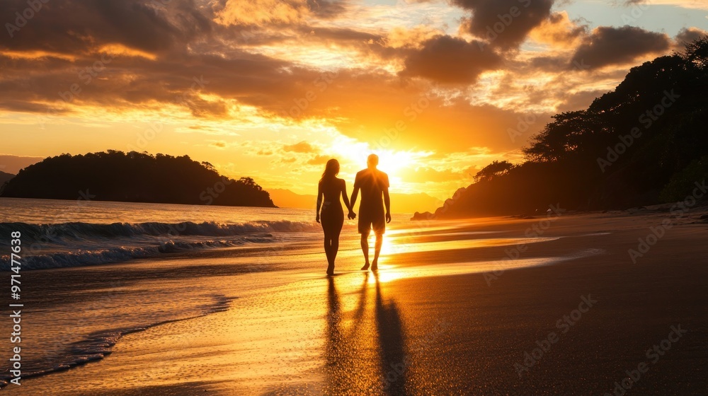 Silhouette of a Couple Walking on a Beach at Sunset Silhouette of a Couple Walking on a Beach at Sunset