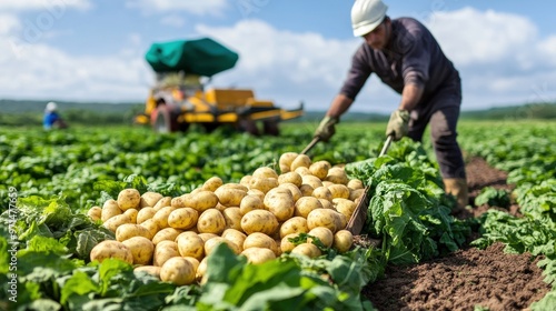 A field of Potato (Solanum tuberosum), being harvested for fresh market sales