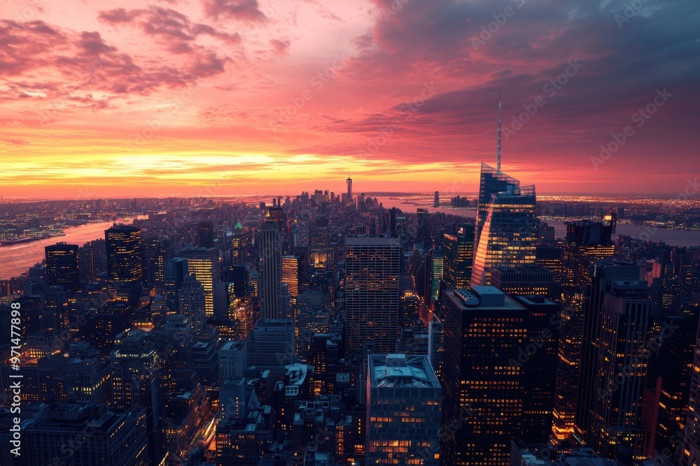 Obraz premium City view at sunset from rooftop