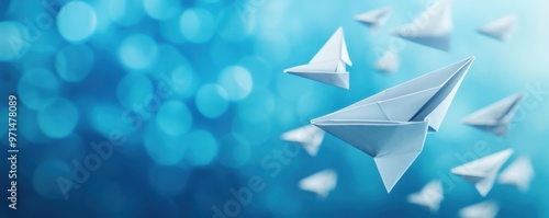 Paper planes flying like formation,, leadership and management banner panorama. Generative AI.