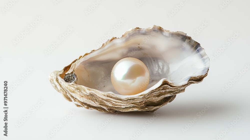 A natural pearl rests inside an oyster shell, glowing with a soft pearlescent sheen, highlighted by the white background. Close-up for elegant detail. A natural pearl rests inside an oyster shell, glowing with a soft pearlescent sheen, highlighted by the white background. Close-up for elegant detail.