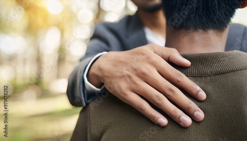 A close-up of a supportive gesture, showcasing a hand on a person's shoulder in a warm, natural setting, symbolizing connection.