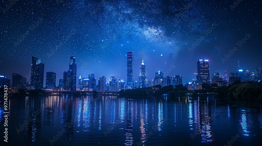 Fototapeta premium A cityscape at night, the city illuminated by thousands of lights, a bustling nightlife scene