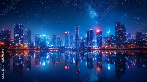 A cityscape at night, the city illuminated by thousands of lights, a bustling nightlife scene photo